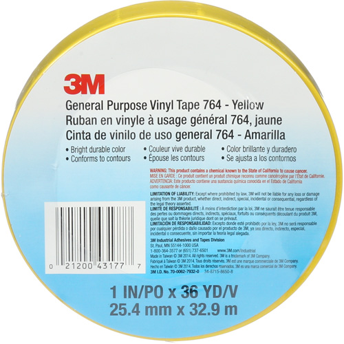 Ruban en vinyle pour travaux g&eacute;n&eacute;raux 764, 25,4 mm (1") la x 32,9 m (108') lo, 5 mils, Jaune Air Extreme Inc.