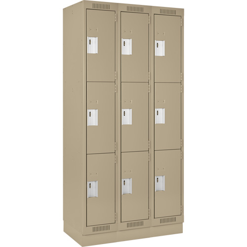 Clean Line Lockers, 3 -tier, Bank of 3, 36" x 18" x 76", Steel, Beige, Rivet (Assembled) Air Extreme Inc.