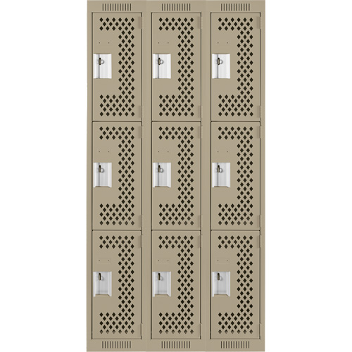 Clean Line Lockers, 3 -tier, Bank of 3, 36" x 12" x 72", Steel, Beige, Rivet (Assembled), Perforated Air Extreme Inc.