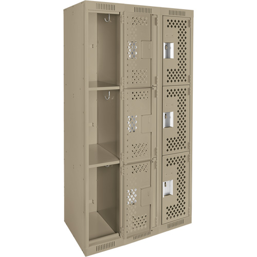 Clean Line Lockers, 3 -tier, Bank of 3, 36" x 12" x 72", Steel, Beige, Rivet (Assembled), Perforated Air Extreme Inc.