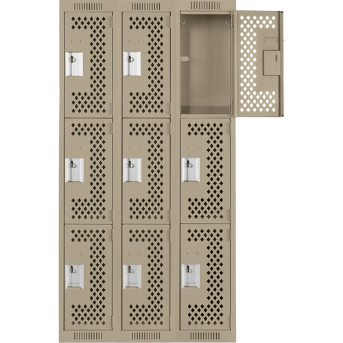 Clean Line Lockers, 3 -tier, Bank of 3, 36" x 12" x 72", Steel, Beige, Rivet (Assembled), Perforated Air Extreme Inc.