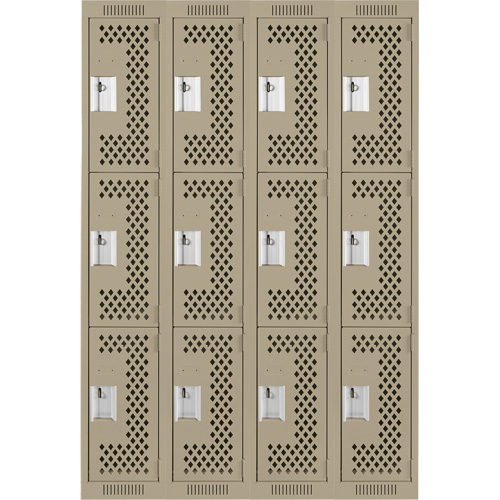 Clean Line Lockers, 3 -tier, Bank of 4, 48" x 12" x 72", Steel, Beige, Rivet (Assembled), Perforated Air Extreme Inc.