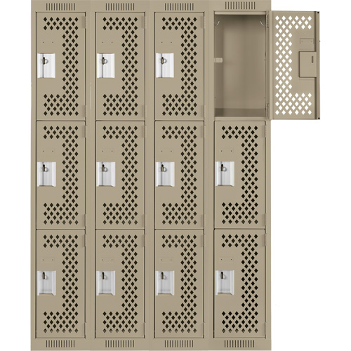 Clean Line Lockers, 3 -tier, Bank of 4, 48" x 12" x 72", Steel, Beige, Rivet (Assembled), Perforated Air Extreme Inc.
