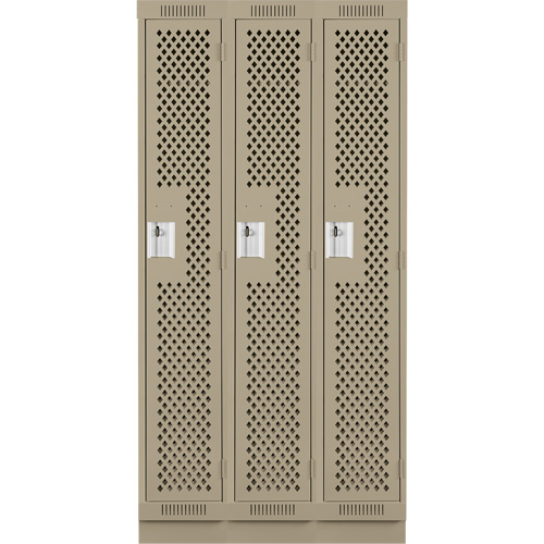 Clean Line Lockers, Bank of 3, 36" x 15" x 76", Steel, Beige, Rivet (Assembled), Perforated Air Extreme Inc.