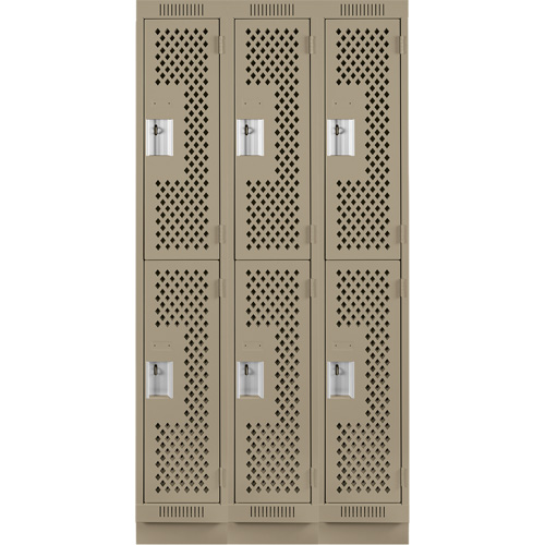 Clean Line Lockers, 2 -tier, Bank of 3, 36" x 15" x 76", Steel, Beige, Rivet (Assembled), Perforated Air Extreme Inc.