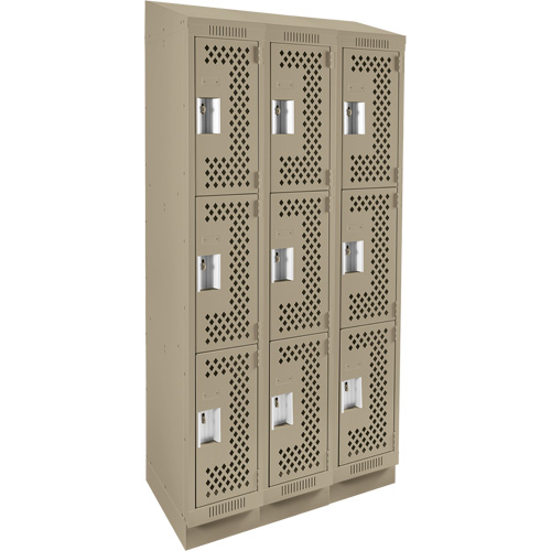 Clean Line Lockers, 3 -tier, Bank of 3, 36" x 18" x 82", Steel, Beige, Rivet (Assembled), Perforated Air Extreme Inc.