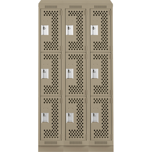 Clean Line Lockers, 3 -tier, Bank of 3, 36" x 18" x 82", Steel, Beige, Rivet (Assembled), Perforated Air Extreme Inc.