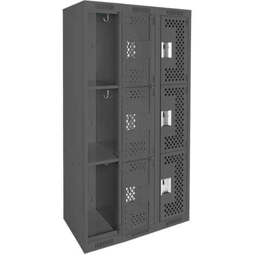 Clean Line Lockers, 3 -tier, Bank of 3, 36" x 12" x 72", Steel, Charcoal, Rivet (Assembled), Perforated Air Extreme Inc.