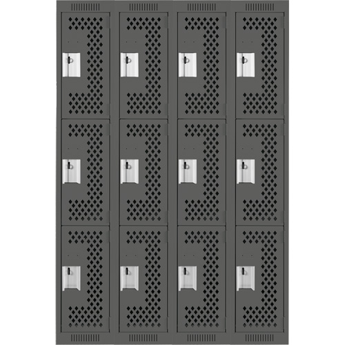 Clean Line Lockers, 3 -tier, Bank of 4, 48" x 12" x 72", Steel, Charcoal, Rivet (Assembled), Perforated Air Extreme Inc.