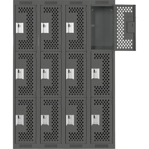 Clean Line Lockers, 3 -tier, Bank of 4, 48" x 12" x 72", Steel, Charcoal, Rivet (Assembled), Perforated Air Extreme Inc.