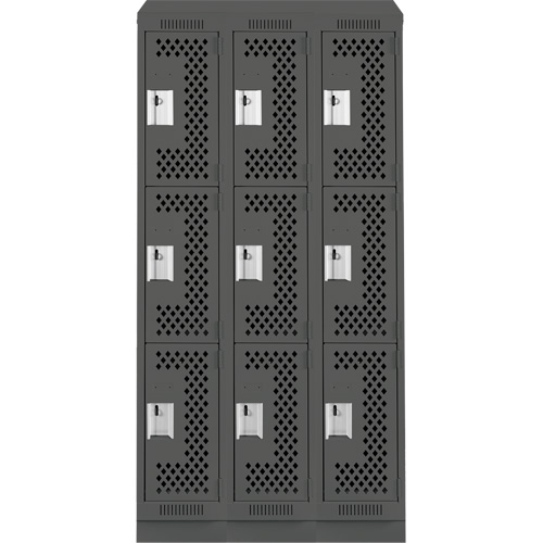 Clean Line Lockers, 3 -tier, Bank of 3, 36" x 18" x 82", Steel, Charcoal, Rivet (Assembled), Perforated Air Extreme Inc.
