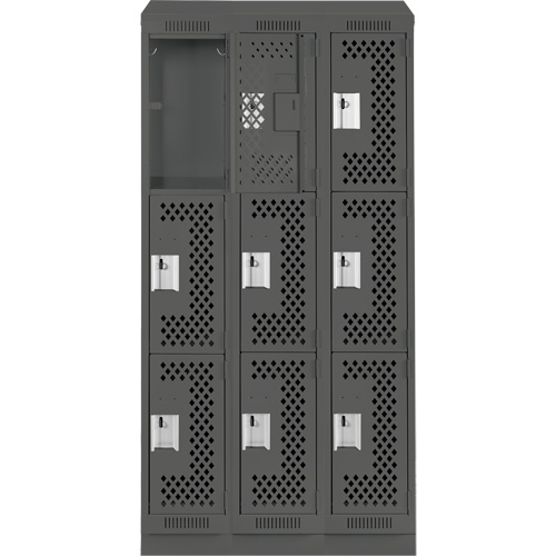 Clean Line Lockers, 3 -tier, Bank of 3, 36" x 18" x 82", Steel, Charcoal, Rivet (Assembled), Perforated Air Extreme Inc.