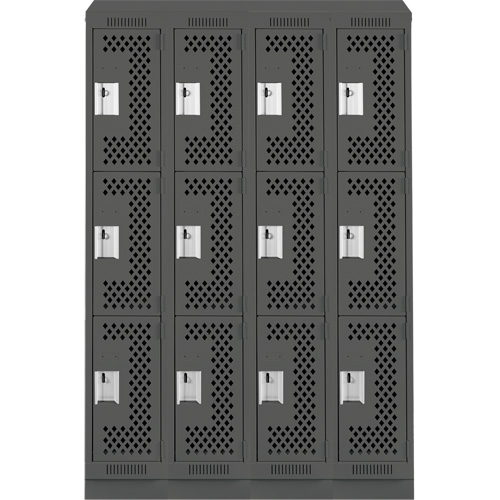 Clean Line Lockers, 3 -tier, Bank of 4, 48" x 18" x 82", Steel, Charcoal, Rivet (Assembled), Perforated Air Extreme Inc.