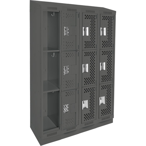 Clean Line Lockers, 3 -tier, Bank of 4, 48" x 18" x 82", Steel, Charcoal, Rivet (Assembled), Perforated Air Extreme Inc.