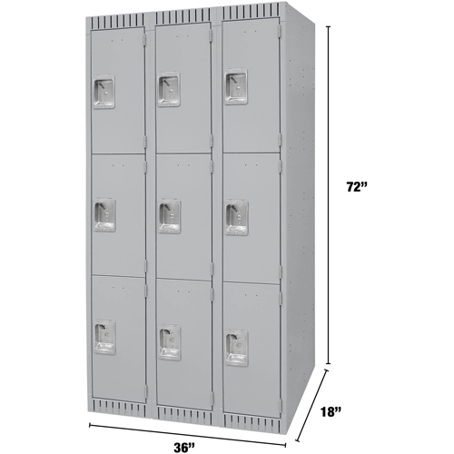 Lockers, 3 -tier, Bank of 3, 36" x 18" x 72", Steel, Grey, Knocked Down Air Extreme Inc.