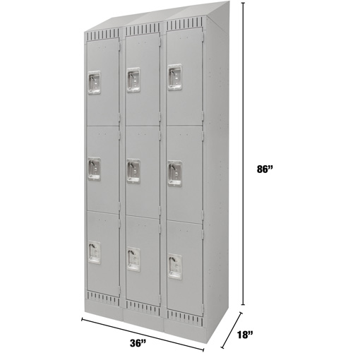 Lockers, 3 -tier, Bank of 3, 36" x 18" x 86", Steel, Grey, Knocked Down Air Extreme Inc.