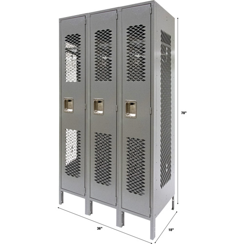 Vented Lockers, Bank of 3, 36" x 18" x 78", Steel, Grey, Knocked Down, Perforated Air Extreme Inc.
