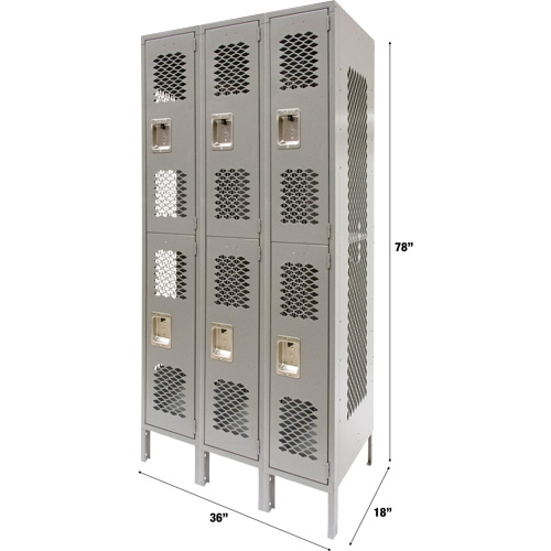 Vented Lockers, 2 -tier, Bank of 3, 36" x 18" x 78", Steel, Grey, Knocked Down, Perforated Air Extreme Inc.