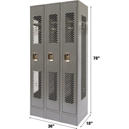 Vented Lockers, Bank of 3, 36 x 18" x 78", Steel, Grey, Knocked Down, Perforated Air Extreme Inc.