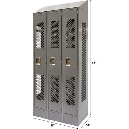 Vented Lockers, Bank of 3, 36 x 18" x 88", Steel, Grey, Knocked Down, Perforated Air Extreme Inc.