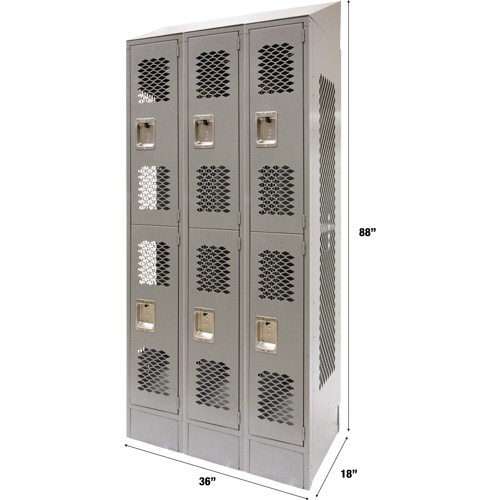 Vented Lockers, 2 -tier, Bank of 3, 36 x 18" x 88", Steel, Grey, Knocked Down, Perforated Air Extreme Inc.