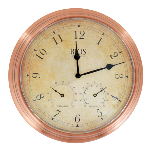 3-in-1 Outdoor Clock, Analog, Battery Operated, 14" Dia., Brown Air Extreme Inc.