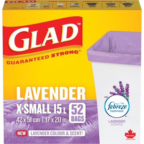 Sacs parfum&eacute;s et de couleur lavande de Glad, Fort, 17" la x 20" lo, Mauve, Capacit&eacute; 15 L (3,96 gal) Air Extreme Inc.