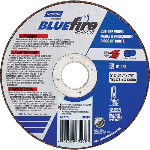 Meule a tronconner BlueFire, 4-1/2" x 0,045"/1/16", Arbre de 7/8", Type 01/41, Oxyde d'aluminium/Zirconium, 13580 Tr/min Air Extreme Inc.