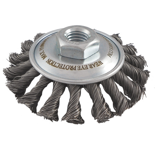 Knotted Wire Wheel Saucer Brushes, 4" Dia., 0.02" Fill, 5/8"-11 Arbor, Steel Air Extreme Inc.