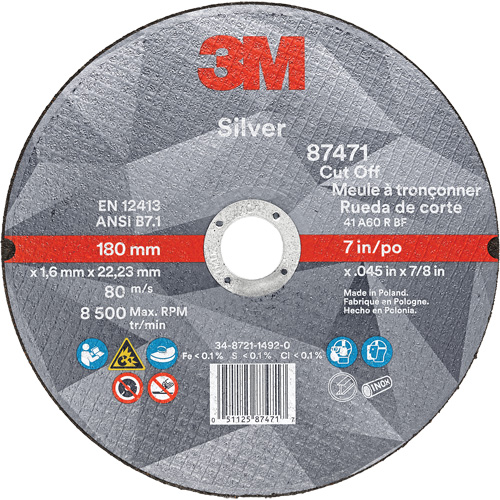 Silver Cut-Off Wheel, 7" x 0.045", 7/8" Arbor, Type 1, Ceramic, 8500 RPM Air Extreme Inc.