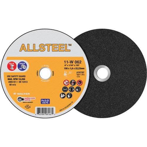 AllSteel Cut-Off Wheel, 6" x 1/16", 7/8" Arbor, Type 1, Aluminum Oxide, 10200 RPM Air Extreme Inc.