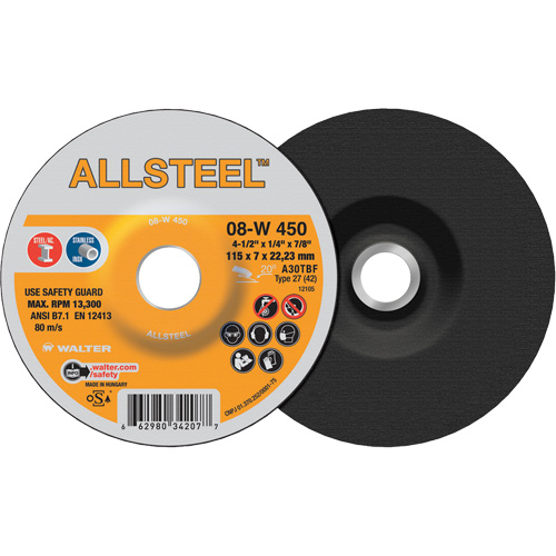 AllSteel Grinding Wheel, 4-1/2" x 1/4", 7/8" Arbor, Aluminum Oxide, Type 27 Air Extreme Inc.