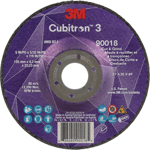 Meule &agrave; couper & tronçonner Cubitron 3, 5" x 5/32", Arbre de 7/8", Type T27, Grain de 36+, C&eacute;ramique Air Extreme Inc.