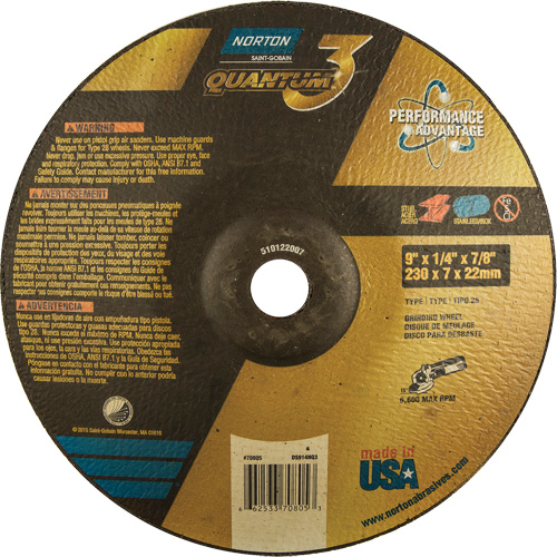 Quantum 3 SG Depressed Center Grinding Wheel, 9" x 1/4", 7/8" Arbor, Type 28, Ceramic, 6600 RPM Air Extreme Inc.
