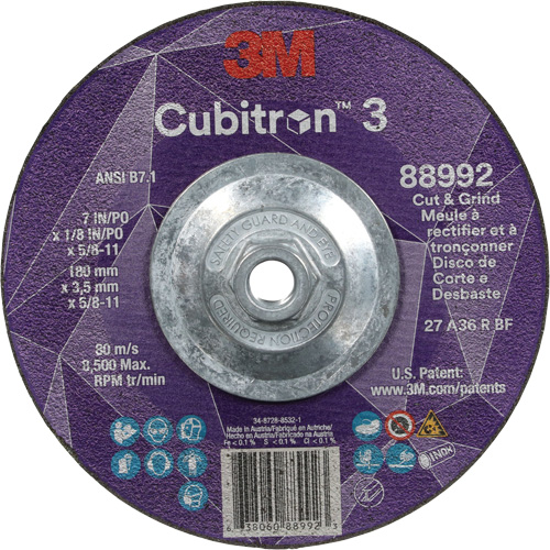 Cubitron 3 Cut and Grind Wheel, 7" x 1/8", 5/8"-11 Arbor, Type 27, 36 Grit, Ceramic Air Extreme Inc.