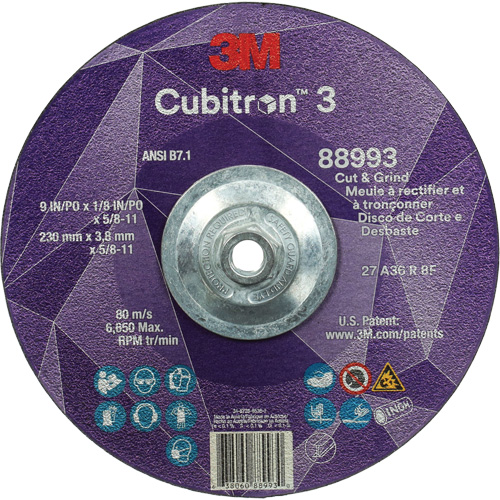 Meule &agrave; rectifier et &agrave; tronçonner Cubitron 3, 9" x 1/8", Arbre de 5/8"-11, Type 27, Grain de 36, C&eacute;ramique Air Extreme Inc.