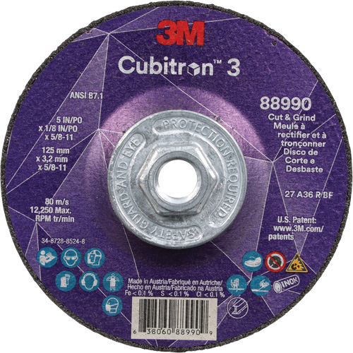Cubitron 3 Cut and Grind Wheel, 5" x 1/8", 5/8"-11 Arbor, Type 27, 36 Grit, Ceramic Air Extreme Inc.