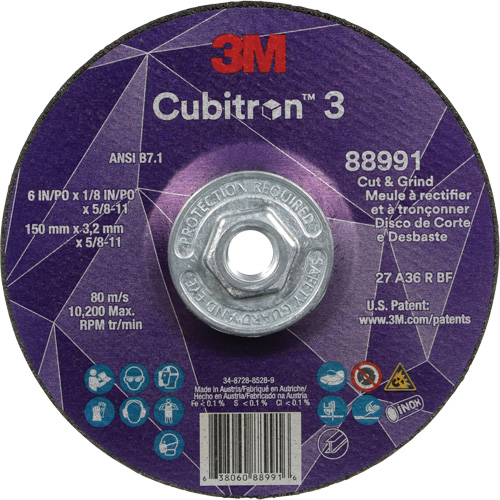 Meule &agrave; rectifier et &agrave; tronçonner Cubitron 3, 6" x 1/8", Arbre de 5/8"-11, Type 27, Grain de 36, C&eacute;ramique Air Extreme Inc.