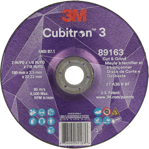 Cubitron 3 Cut and Grind Wheel, 7" x 1/8", 7/8" Arbor, Type 27, 36 Grit, Ceramic Air Extreme Inc.