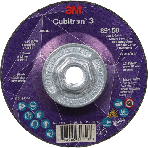 Cubitron 3 Cut and Grind Wheel, 4-1/2" x 1/8", 5/8"-11 Arbor, Type 27, 36 Grit, Ceramic Air Extreme Inc.