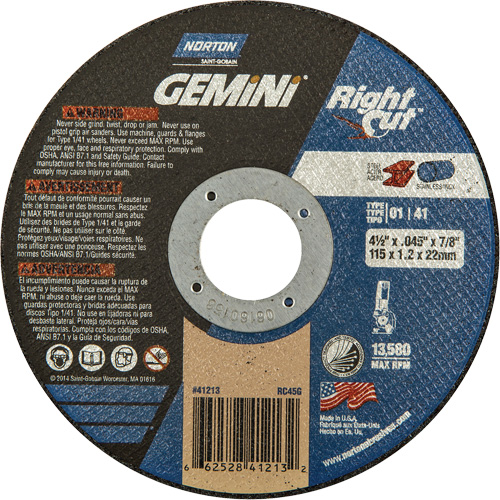 Meule &agrave; tronçonner pour coupe &agrave; angle droit RightCut Gemini, 4-1/2" x 0,045", Arbre de 7/8", Type 01/41, Oxyde d'aluminium, 13580 Tr/min Air Extreme Inc.