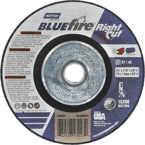 Meule &agrave; tronçonner pour coupe &agrave; angle droit RightCut BlueFire, 4-1/2" x 1/16", Arbre de 5/8"-11, Type 27/42, Oxyde d'aluminium, 13580 Tr/min Air Extreme Inc.