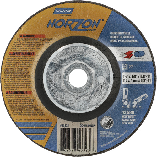 Disque de meulage et tronçonnage NorZon Plus SGZ CA, 4-1/2" x 1/8", Arbre de 5/8"-11, Type 27, C&eacute;ramique d'alumine Air Extreme Inc.