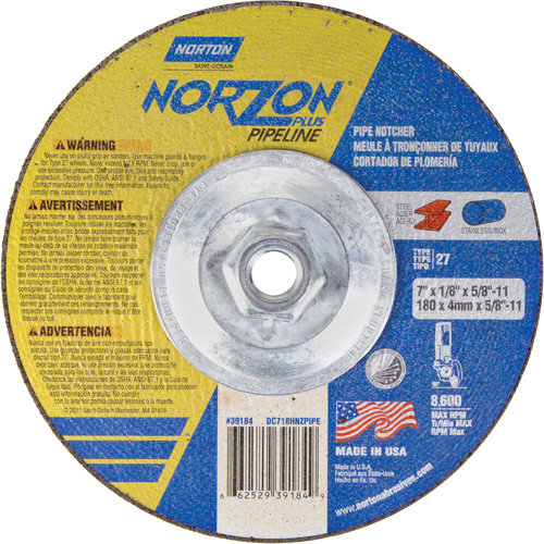 Meule &agrave; tronçonner &agrave; angle droit NorZon Plus SGZ, 7" x 1/8", Arbre de 5/8"-11, Type 27/42, C&eacute;ramique d'alumine, 8600 Tr/min Air Extreme Inc.