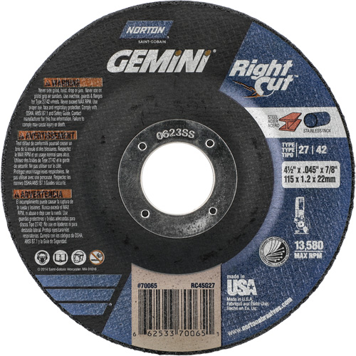 Meule &agrave; tronçonner pour coupe &agrave; angle droit RightCut Gemini, 4-1/2" x 0,045", Arbre de 7/8", Type 27/42, Oxyde d'aluminium, 13580 Tr/min Air Extreme Inc.