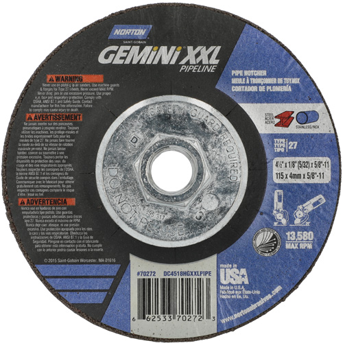 Disque combin&eacute; de meulage et tronçonnage Gemini XXL, 4-1/2" x 1/8", Arbre de 5/8"-11, Type 27, Oxyde d'aluminium Air Extreme Inc.