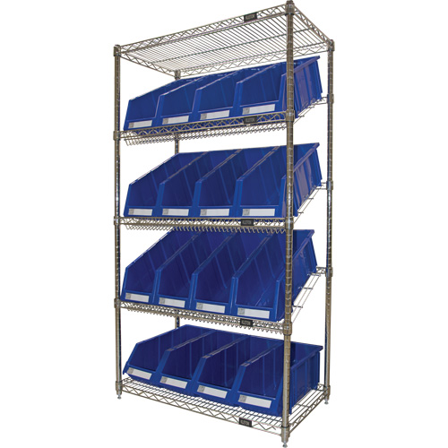 Slanted Wire Shelf with Bins, 5 Tiers, 36" W x 63" H x 18" D Air Extreme Inc.