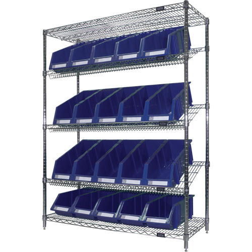 Slanted Wire Shelf with Bins, 5 Tiers, 48" W x 63" H x 18" D Air Extreme Inc.