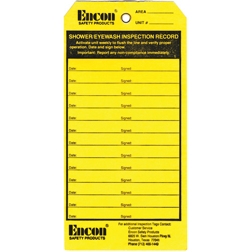 Emergency Shower & Eyewash Inspection Record Tag, Cardstock, 3-1/8" W x 6-1/4" H, English Air Extreme Inc.