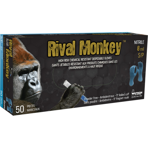 Gants jetables r&eacute;sistants aux produits chimiques &agrave; haut risque Rival Monkey, Moyen, Nitrile, 8 mils, Sans poudre, Bleu Air Extreme Inc.